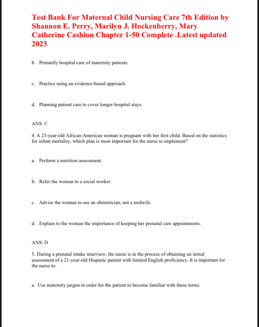 Test Bank For Maternal Child Nursing Care 7th Edition by Perry