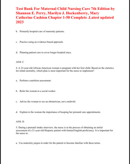 Test Bank For Maternal Child Nursing Care 7th Edition by Perry