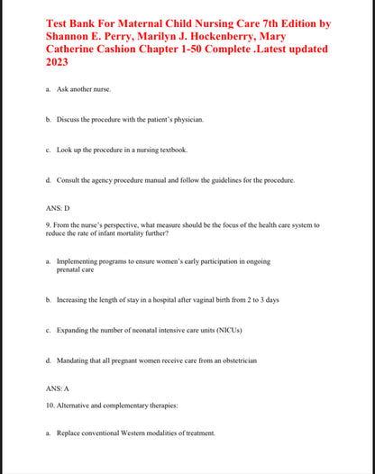 Test Bank For Maternal Child Nursing Care 7th Edition by Perry