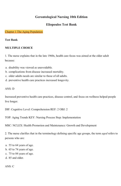 TEST BANK Gerontological Nursing 10th Edition Eliopoulos