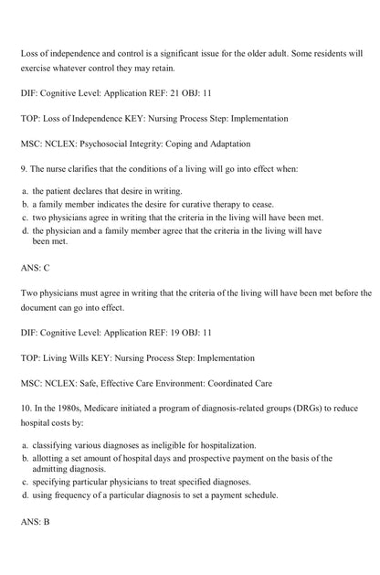 TEST BANK Gerontological Nursing 10th Edition Eliopoulos