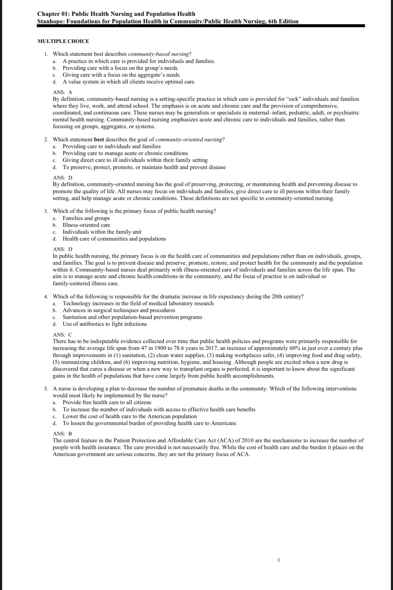 TEST BANK Foundations for Population Health in Community/Public Health Nursing, 6th Edition