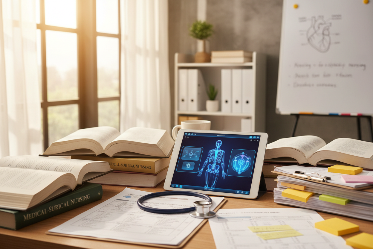 Generate a photo for this : Explore comprehensive materials and practice questions tailored for advanced nursing excellence.